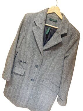 Lauren Ralph Lauren Womens Gray Herringbone Wool Blend Blazer Coat Size 14